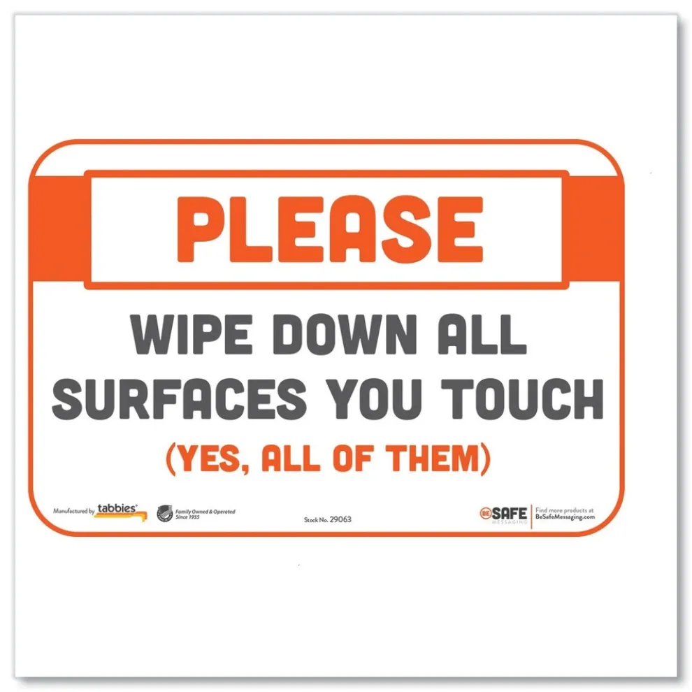 Tabbies BeSafe 9 in. x 6 in. Please Wipe Down All Surfaces You Touch Messaging Repositionable Wall/Door Signs - White (30/Carton)