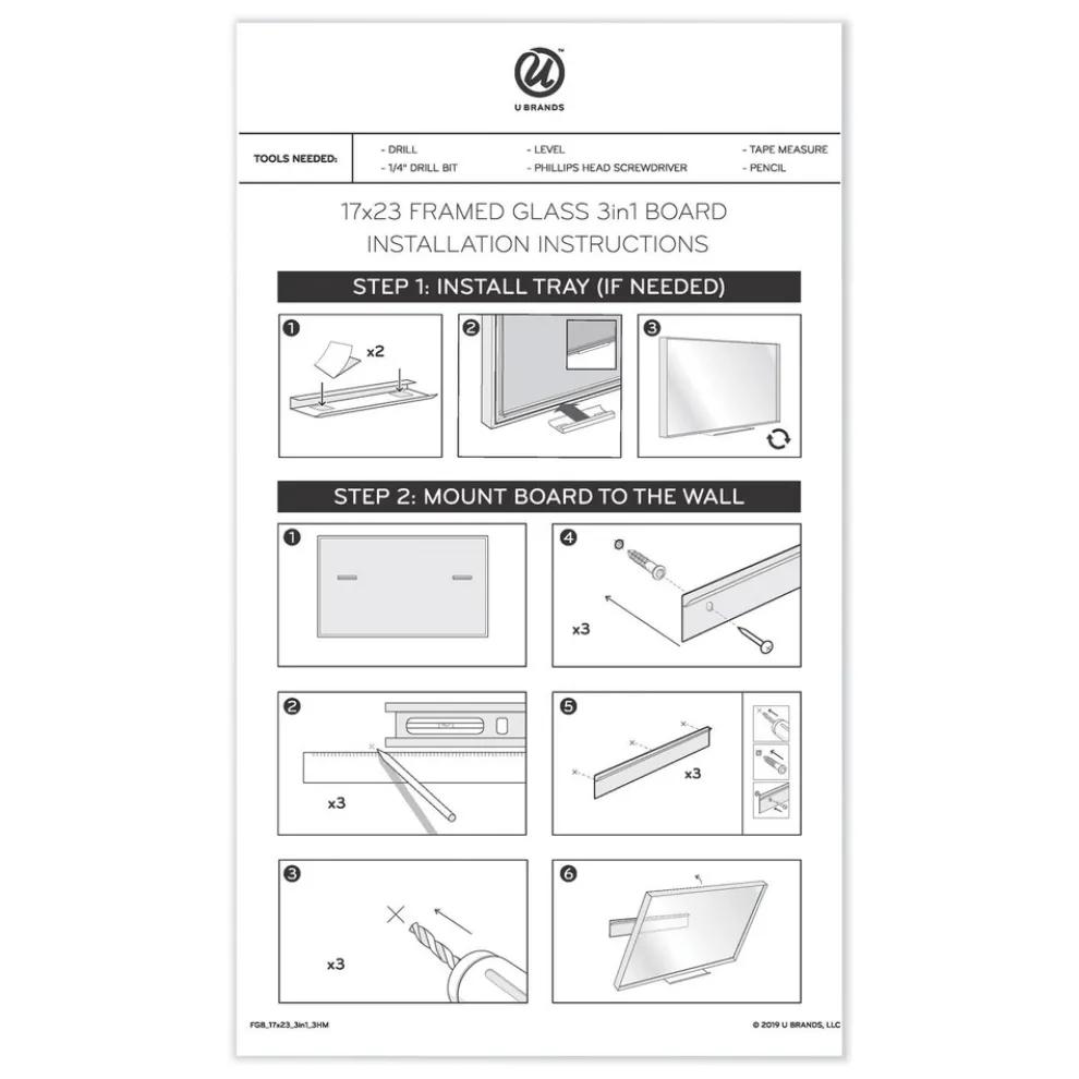 U Brands 23 in. x 17 in. Monthly View 3-N-1 Magnetic Glass Dry Erase Combo Board - White Aluminum
