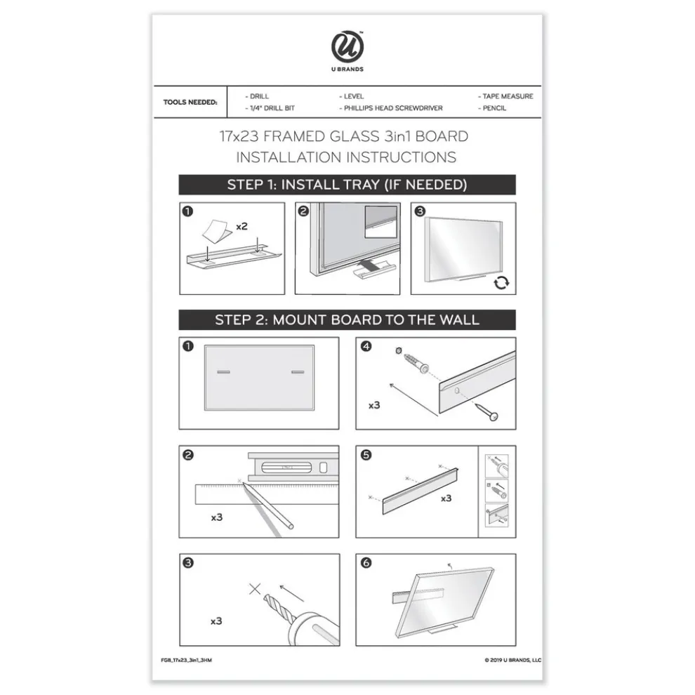 U Brands 35 in. x 23 in. Monthly View 3-N-1 Magnetic Glass Dry Erase Combo Board - White Aluminum