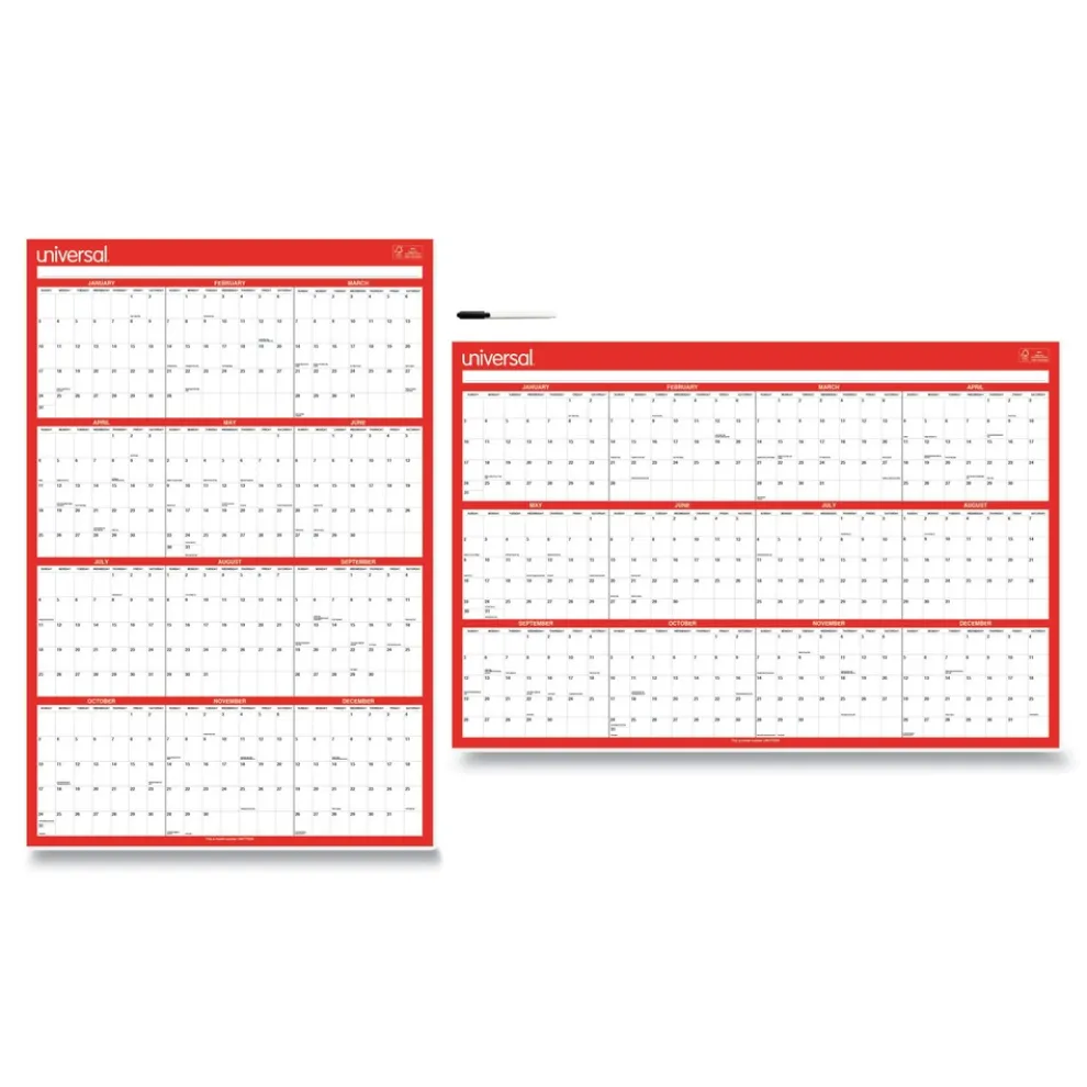 Universal 24 in. x 36 in. 12-Month (Jan-Dec 2026) Erasable Wall Calendar - White/Red Sheets