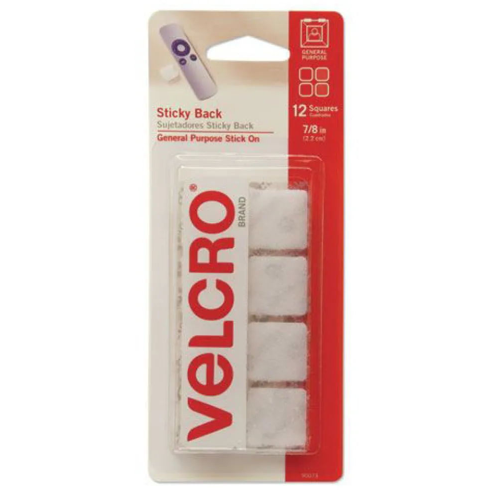Velcro 0.88 in. x 0.88 in. Removable Adhesive Sticky-Back Fasteners - White (12/Pack)