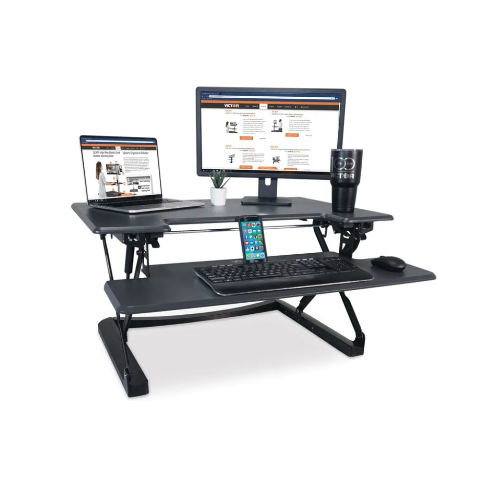 Victor 36 in. x 31.25 in. x 5.25 in. to 20 in. High Rise Height Adjustable Standing Desk with Keyboard Tray - Gray/Black