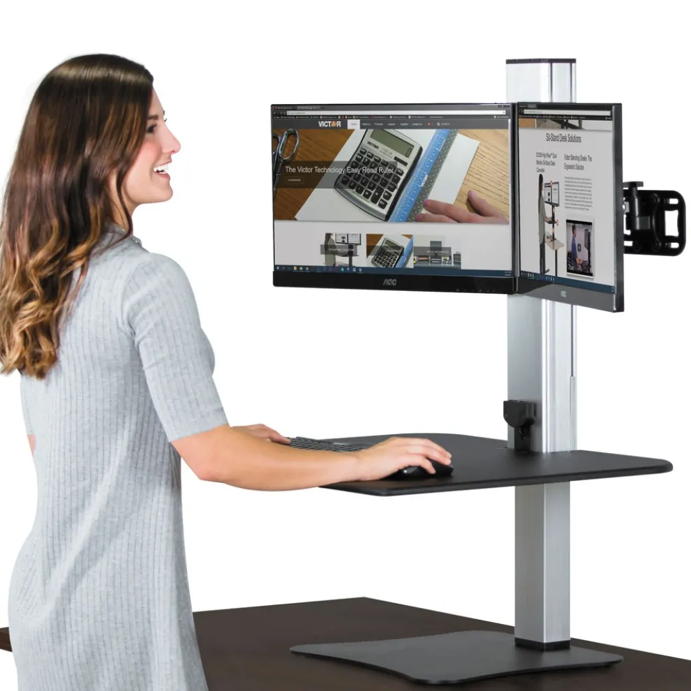 Victor 28 in. x 23 in. x 20.25 in. High Rise Electric Dual Monitor Standing Desk Workstation - Black/Aluminum