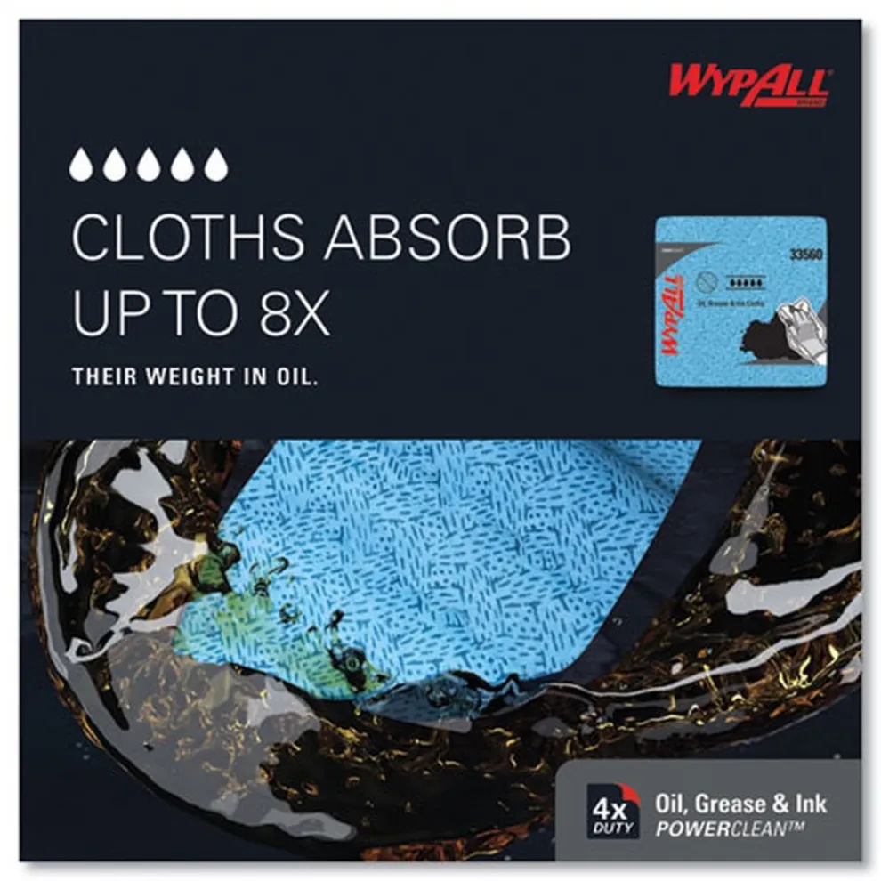 WypAll 12.5 in. x 12 in. 1/4 Fold Grease and Ink Cloths Power Clean Oil - Blue (66/Box, 8 Boxes/Carton)