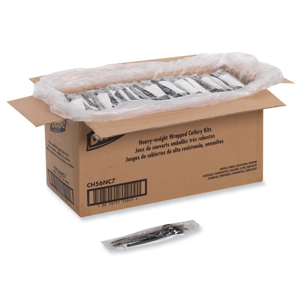 Dixie Individually Wrapped Heavyweight Plastic Fork/Knife/Napkin/Spoon Set - Black (250/Carton)