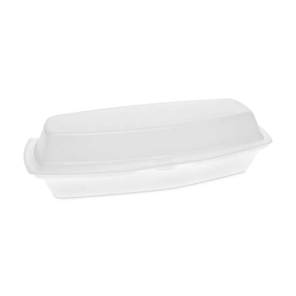 Pactiv Corp. YTH100980000 7.25 in. x 3 in. x 2 in. Single Tab Lock Hot Dog Foam Hinged Lid Containers - White (504/Carton)