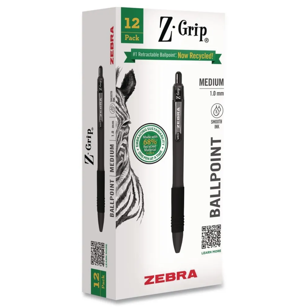 Zebra 20610 Z-Grip Medium 1 mm Recycled Retractable Ballpoint Pen - Black Ink/Black Barrel (1-Dozen)