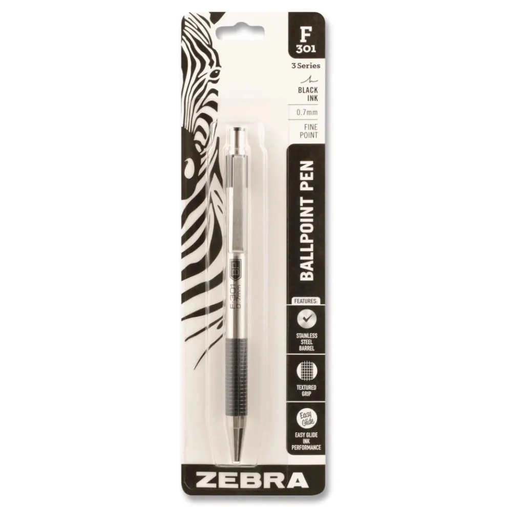 Zebra F-301 Ballpoint Pen, Retractable, Fine 0.7 mm, Black Ink, Stainless Steel/Black Barrel